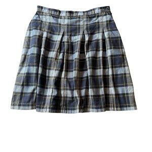 Lands' End Sz 4 Navy Yellow Plaid Pleated Skater Skirt Side Zipper